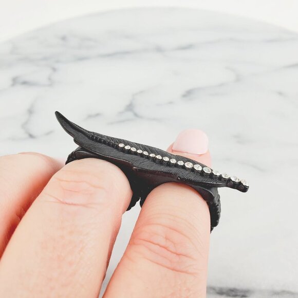 Black Leaf with Crystals Two Finger Ring - Picture 3 of 7